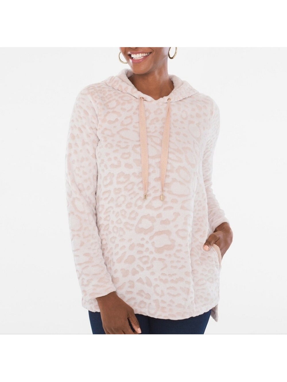 Chico’s Zenergy Animal Print Plush Hoodie Pink Women’s Size 3 16-18 High Low Hem